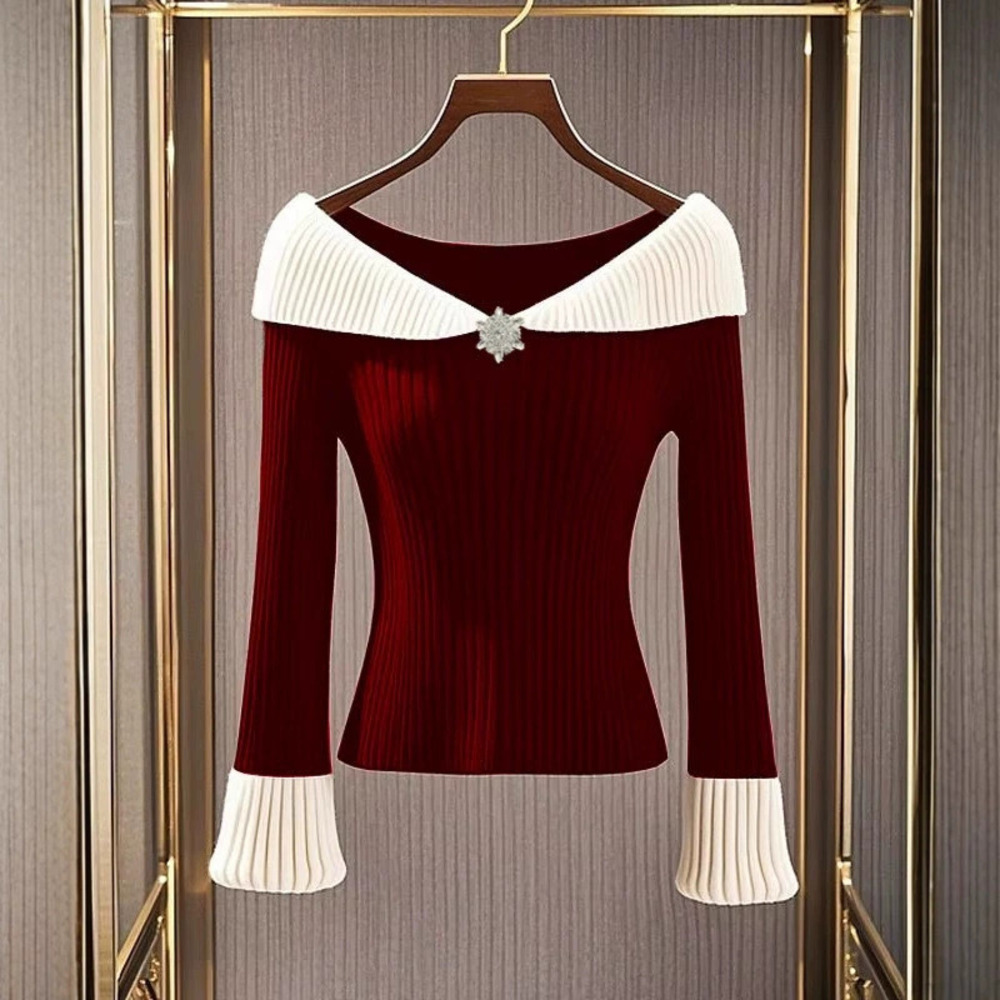 ZARA Fall French Chic Knit Sweater with Contrast Color Collar